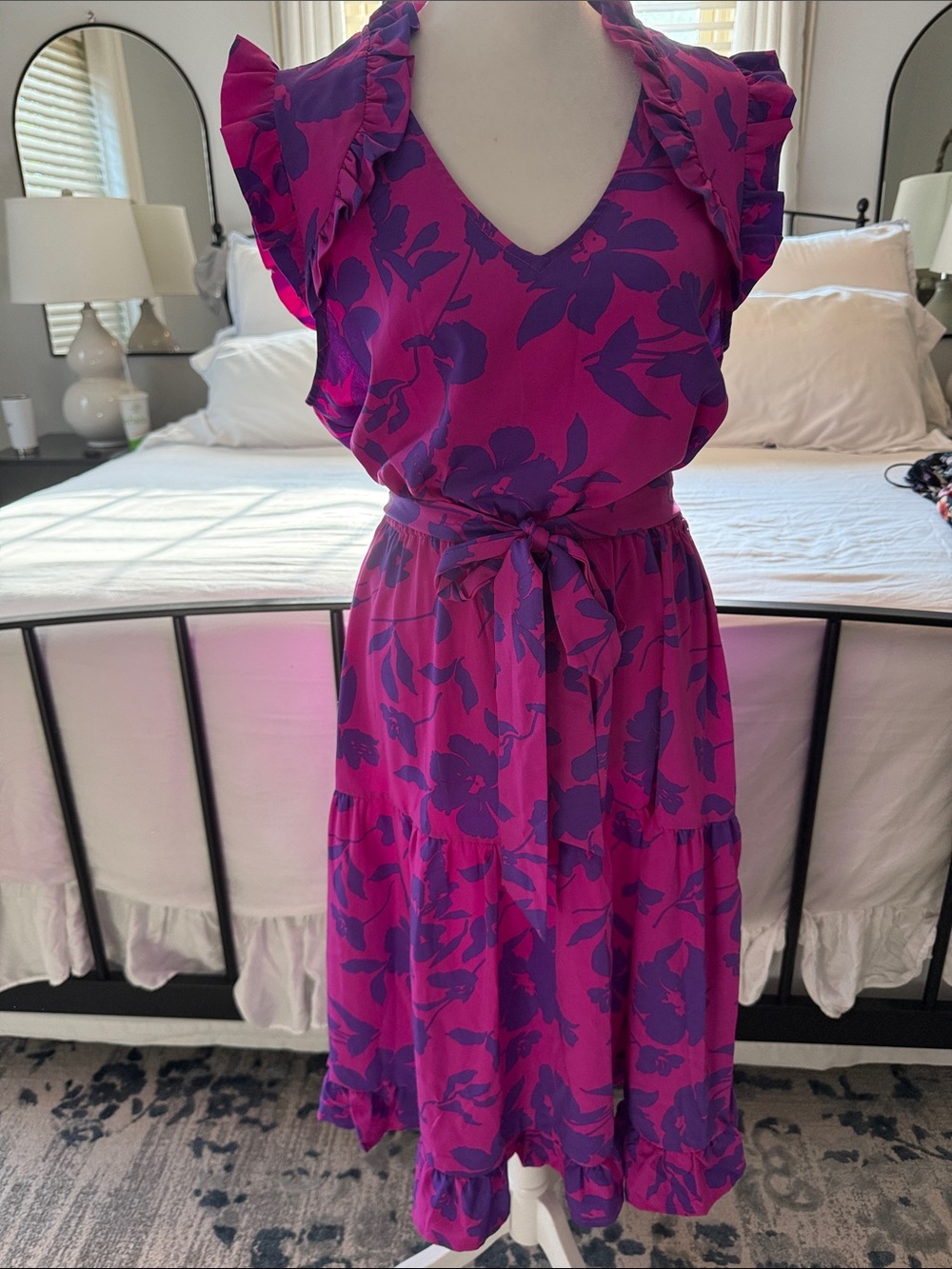 JODIFL Magenta and Purple Floral Ruffle Midi Dress
